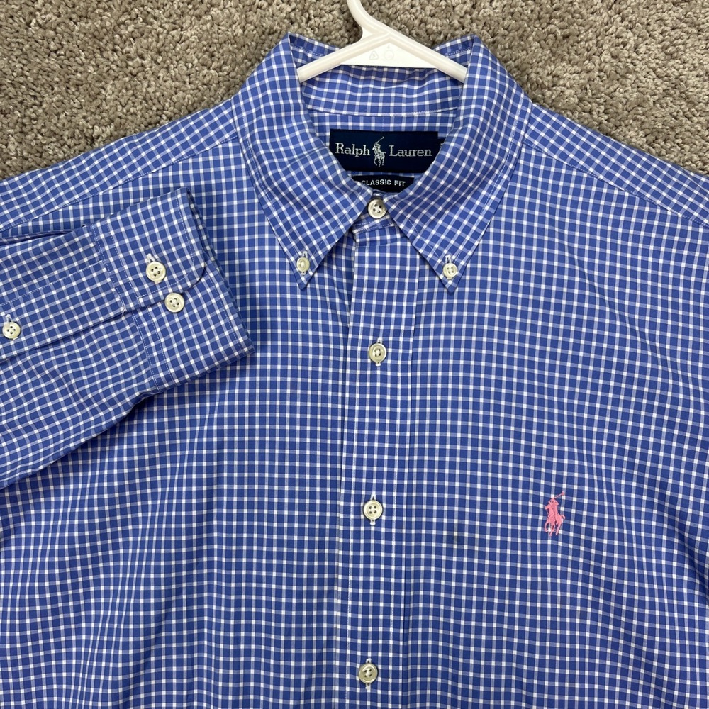 Ralph Lauren Men Blue Gingham Check Button Down Shirt XL Classic Fit Long Sleeve